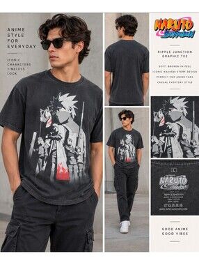 Naruto Shippuden Kakashi Story Graphic T-Shirt Men’s Large Washed Black Anime